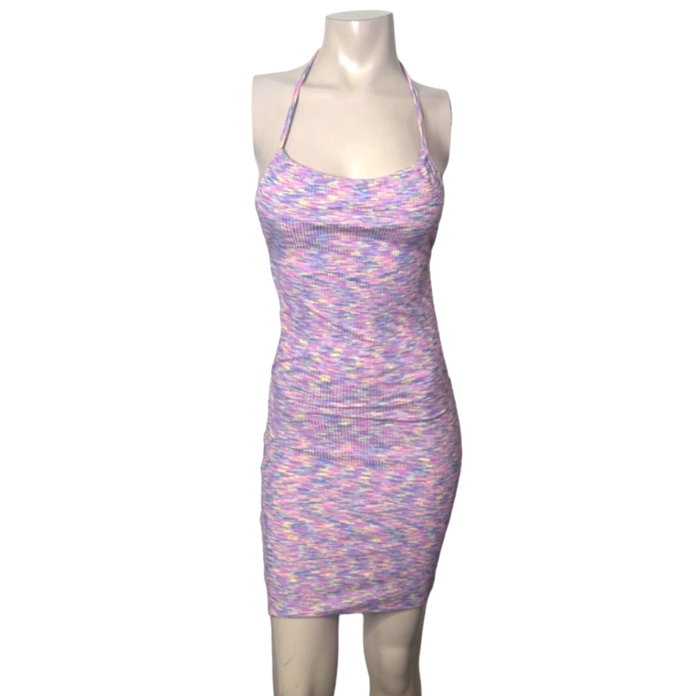 Bear Dance Multicolor Ribbed Halter Neck Open Tie Back Sexy Mini Dress (M)